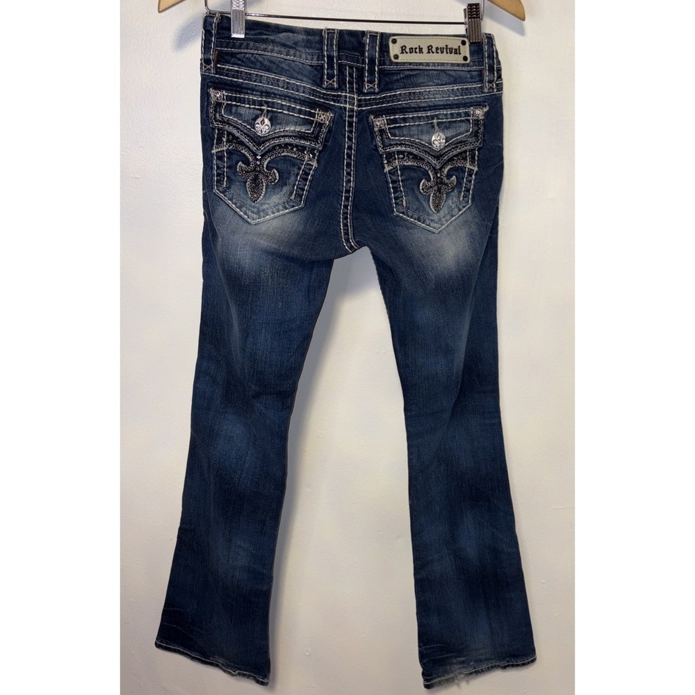 Women's Rock Revival Abelin Boot Cut Dark Wash Denim Jeans Thick Stitch Bling 26